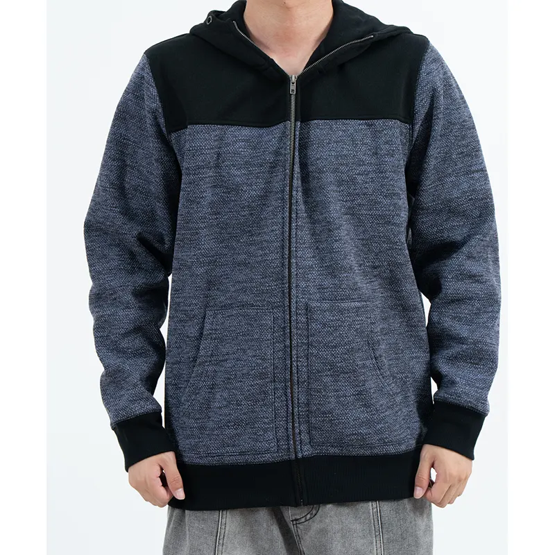 Sudadera con capucha azul grisácea con cremallera y paneles negros en los hombros