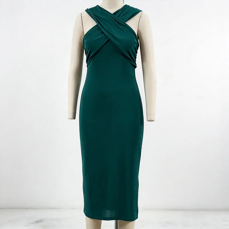 Vestido midi ajustado con cuello cruzado y abertura frontal drapeada y lateral Vestido midi ajustado con cuello cruzado y abertura frontal drapeada y lateral
