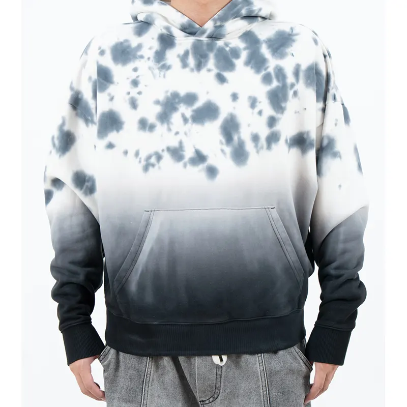 Sudadera con capucha moteada en gris y blanco con parte inferior del cuerpo ombré