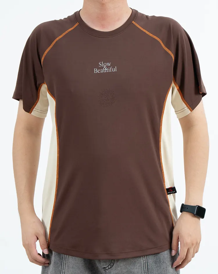 Brown Breathable Raglan T-Shirt with Cream Side Panels and Orange Seam Lines