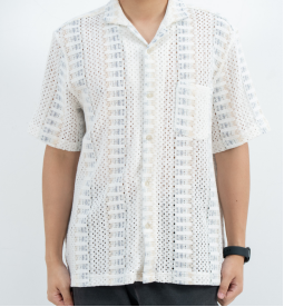 Openwork Short Sleeve Camp Collar Shirt with Chest Pocket