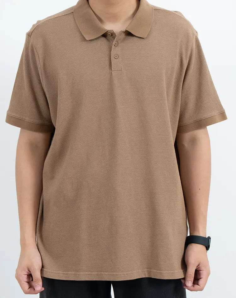 Textured Brown Short Sleeve Polo Shirt with Three-Button Placket