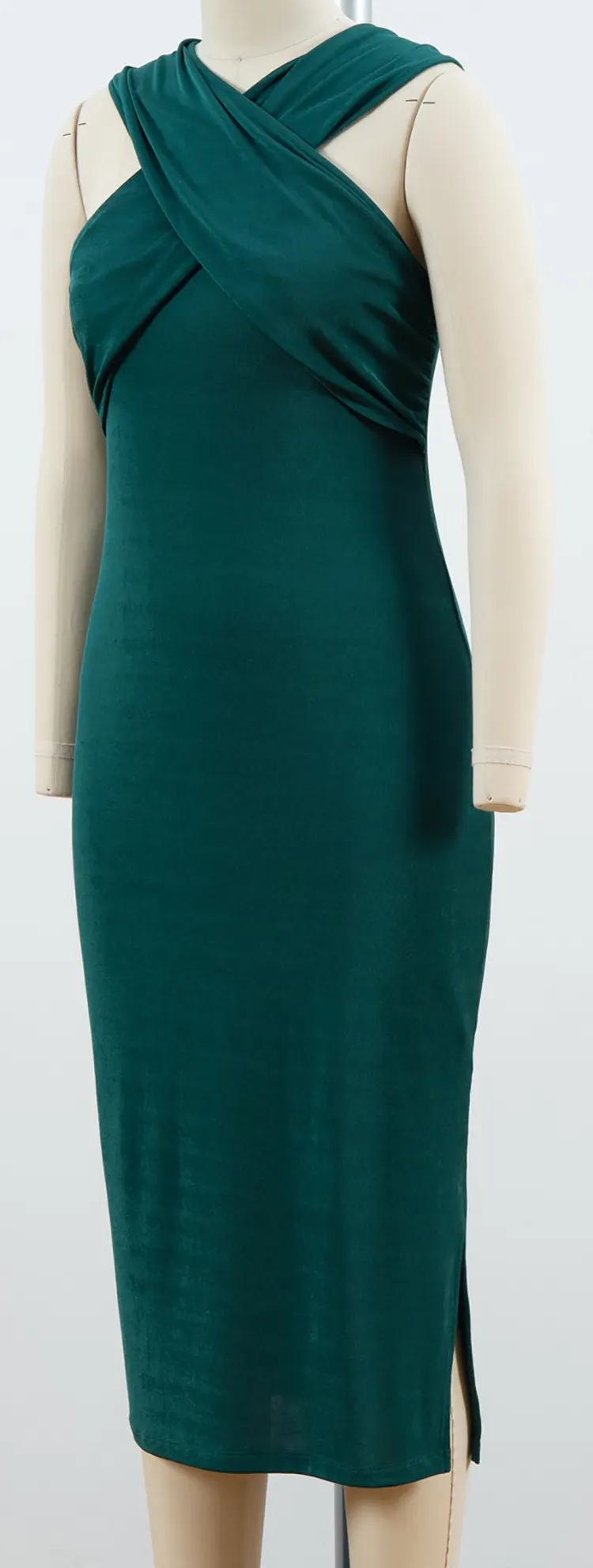 Cross-Neck Bodycon Midi Dress with Draped Front and Side Slit