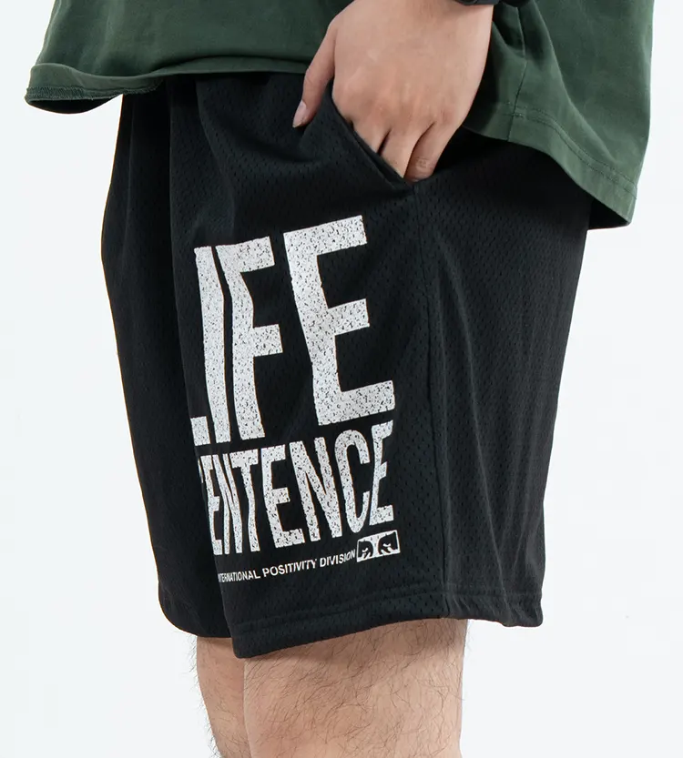 Black Breathable Quick-Dry Mesh Shorts with Large White Letter Graphic