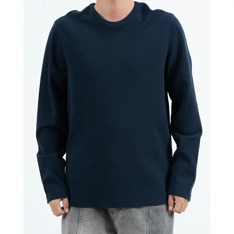 Camiseta de manga larga con cuello redondo texturizado azul marino y ajuste relajado